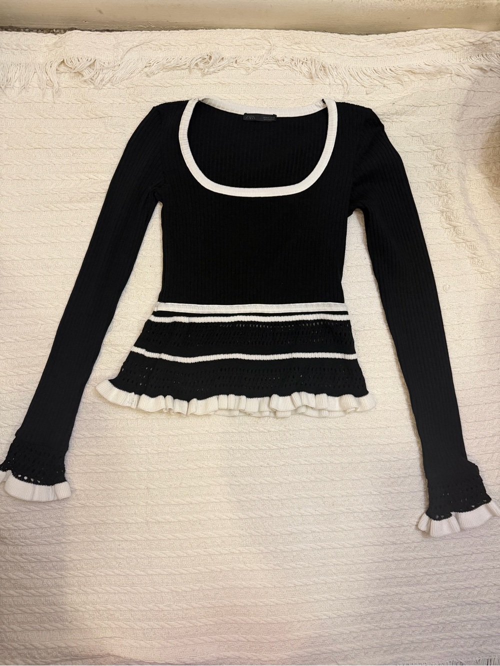Zara Black Ribbed Long Sleeve Top with White Trim